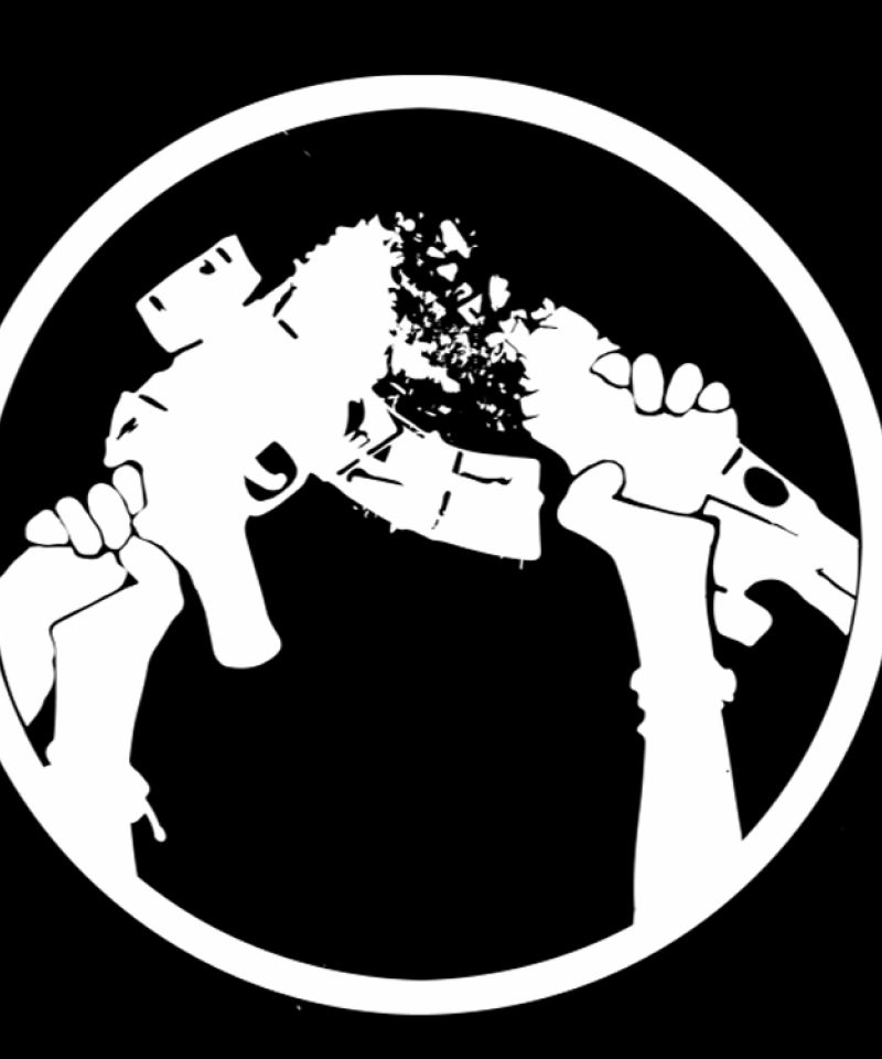 white broken rifle logo on black background