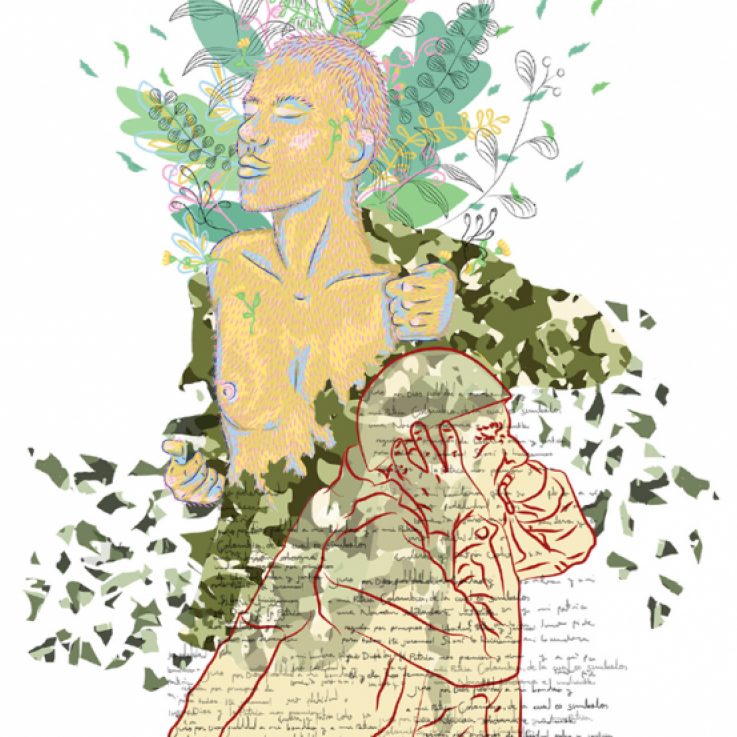 Una ilustración de un soldado cubriendose los oidos y una persona en medio de hojas y flores