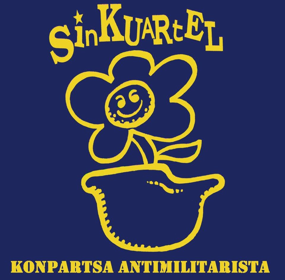 A logo design, with a flower growing in a military helmet