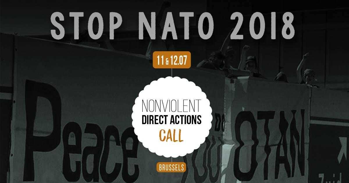 Plakat, das liest: Stoppt NATO 2018 11 & 12 .07 Nonviolent Direct Actions Call