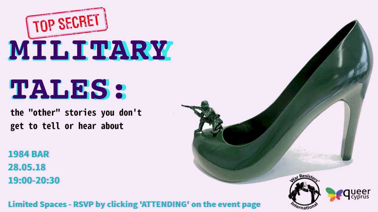 Poster for the event: Military Tales with a green high-heeled shoe with a toy soldier sat on it pointing a gun