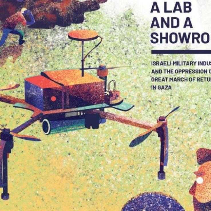 The front cover of the "A lab and a showroom" report, showing an illustrated drone with a protester in the background