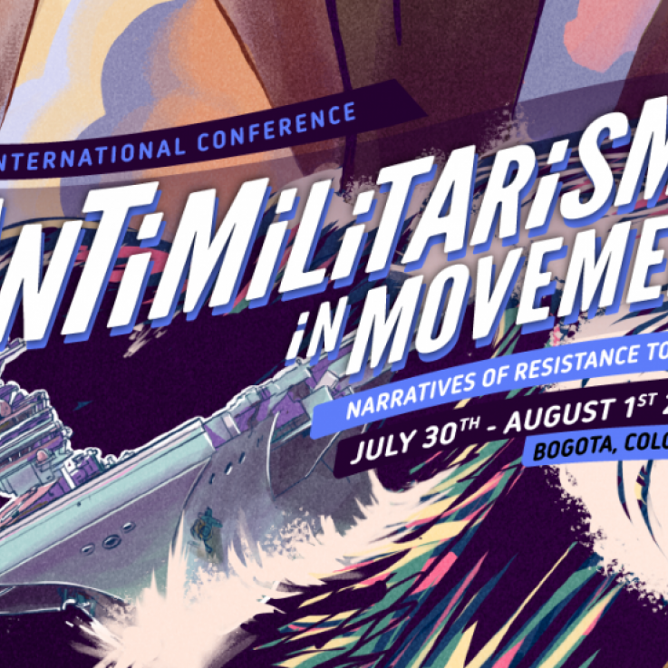 A banner reading "Antimilitarism in Movement" The background depicts a stormy sea with a battleship. Through the sea larger-than-life legs are wading.