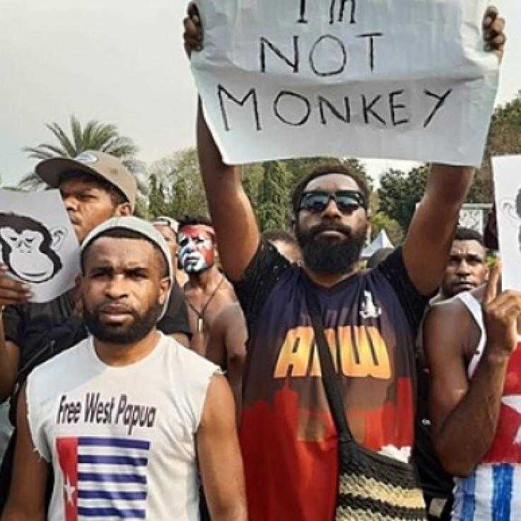 Varias personas se paran con máscaras de mono. Uno tiene un cartel que dice "No soy un mono"